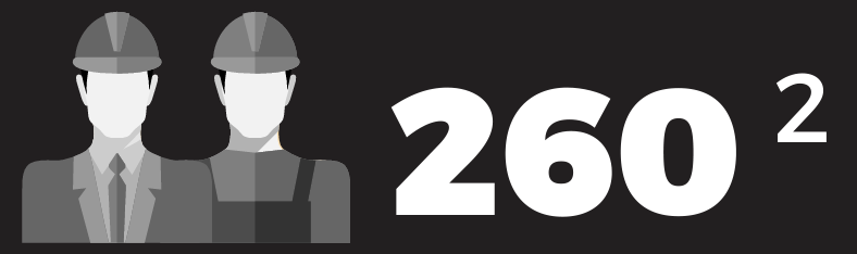 Illustration of two construction workers, one in a suit and helmet, and the other in overalls and helmet, with the large number 260 on the right side against a black background.